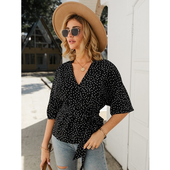 Polka Dot V-Neck Wrap Belted Black Top - Picture 3 of 8
